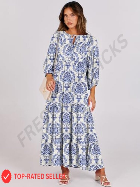Boho Maxi Dress Flowy Swing V Neck Puff Sleeve Elegant Casual Summer - Picture 6 of 7